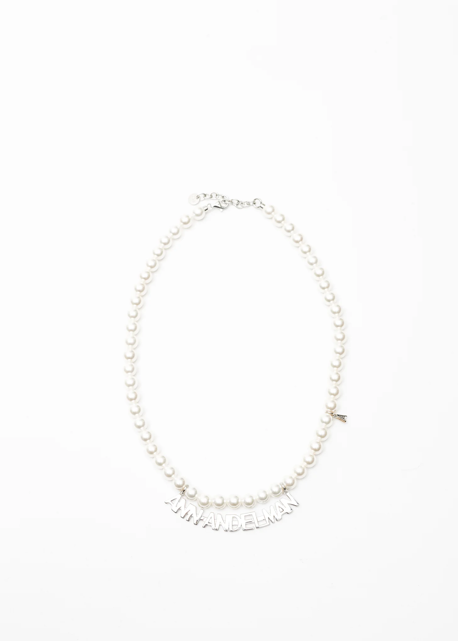 White Pearl And Silver Logo Necklace - Image 4