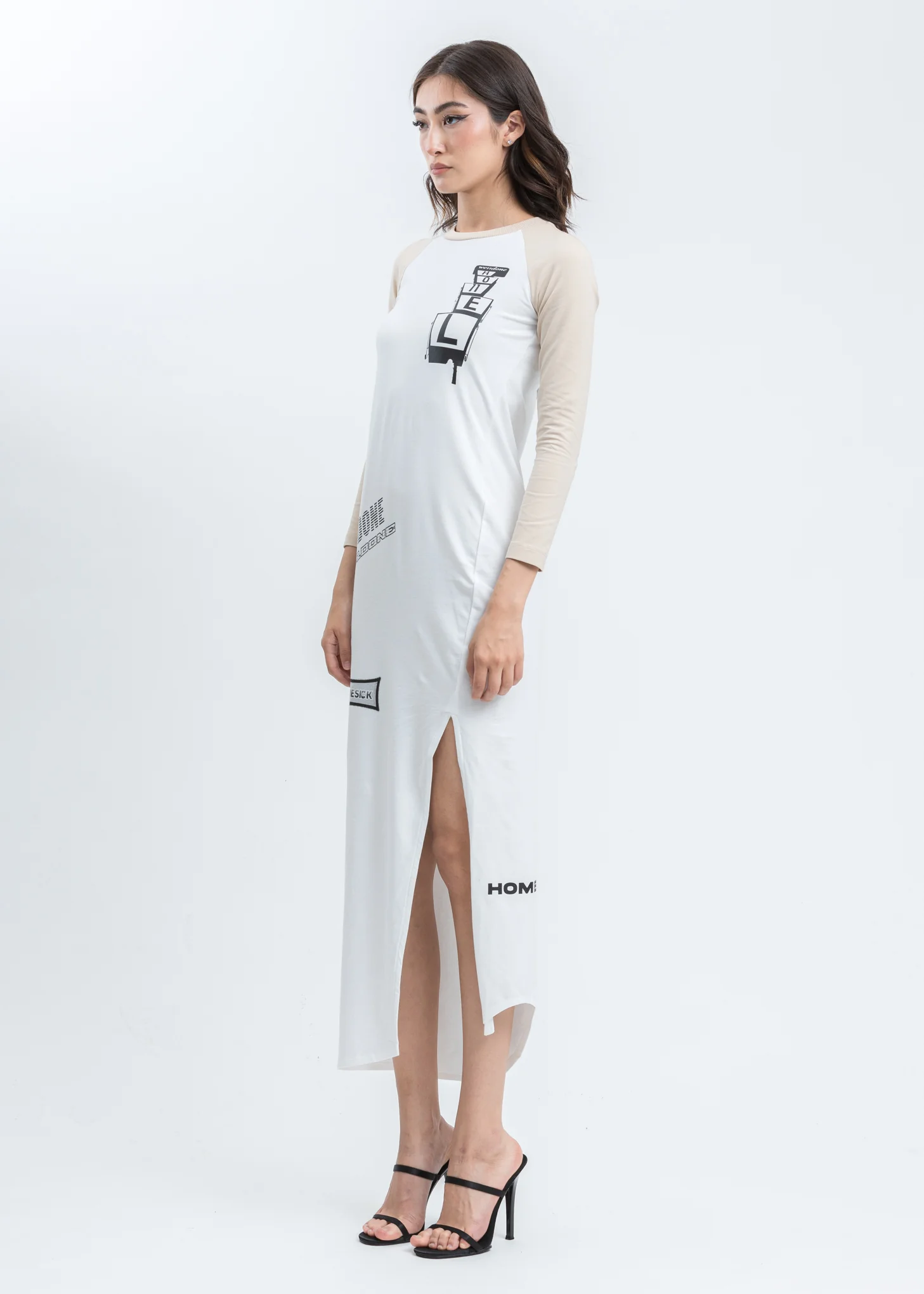Beige All Over Logo Printed Raglan Sleeve Jersey Maxi Dress - Image 2
