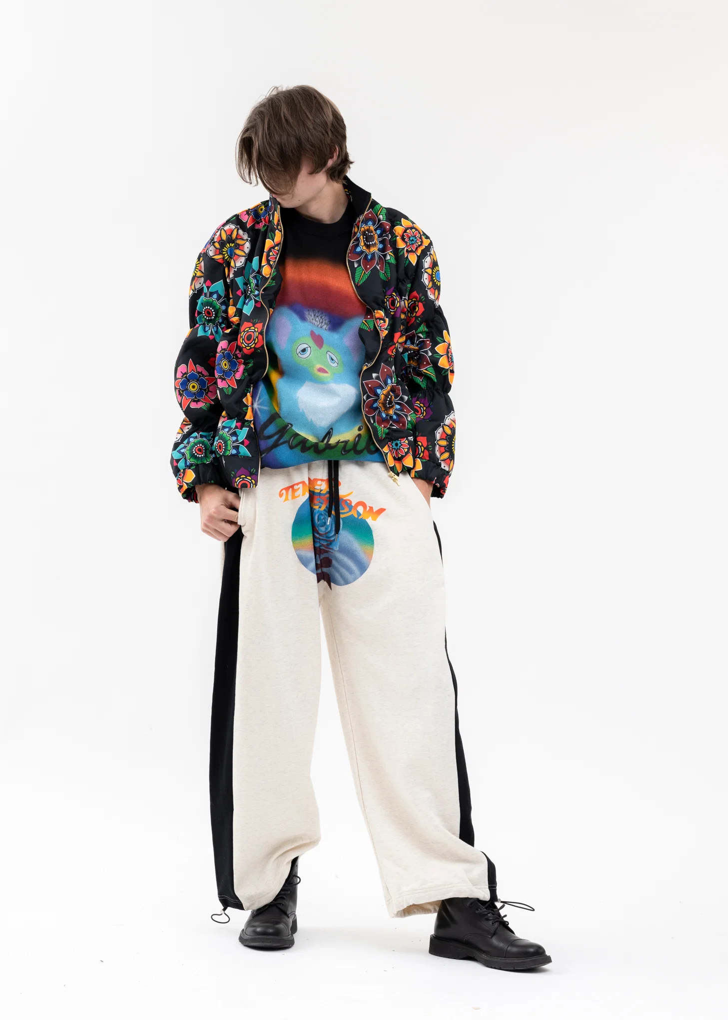 BEIGE AND BLACK ROSE SWEAT WIDE PANTS - Image 6