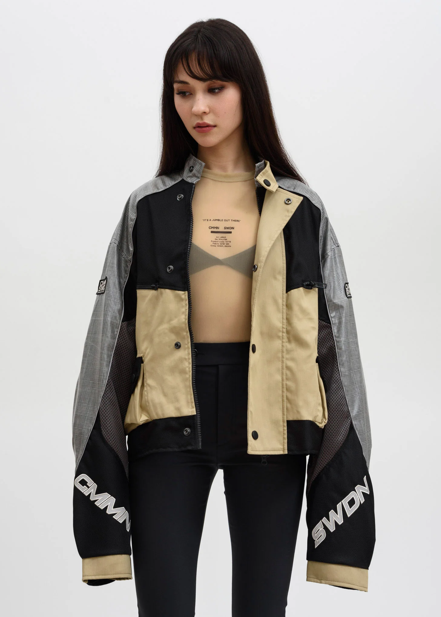 Beige Black Roman Cropped Technical Moto Jacket