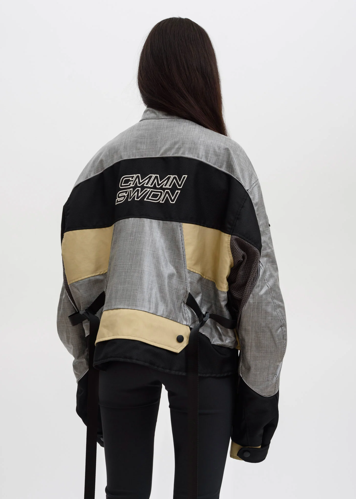 Beige Black Roman Cropped Technical Moto Jacket - Image 2
