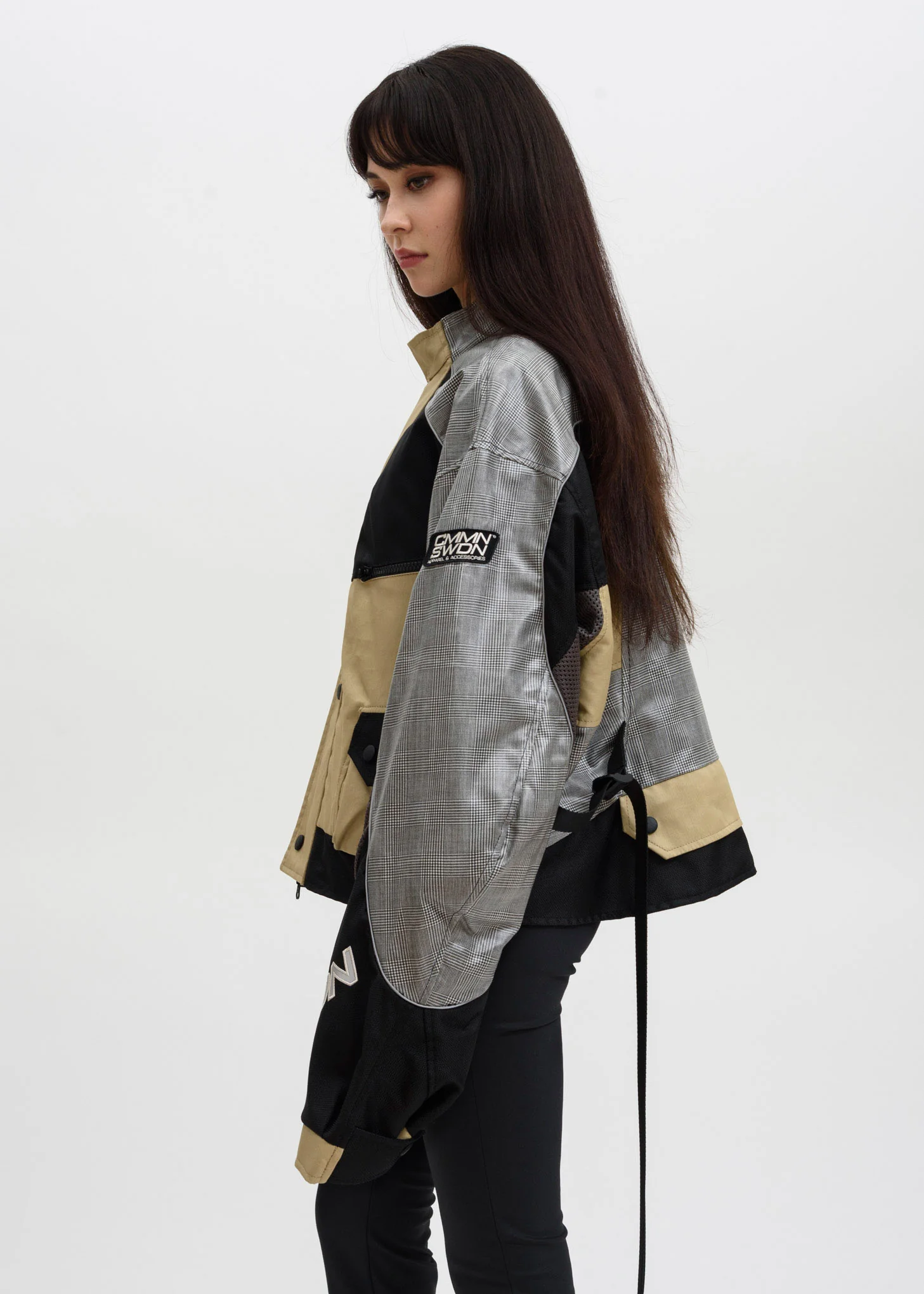 Beige Black Roman Cropped Technical Moto Jacket - Image 4