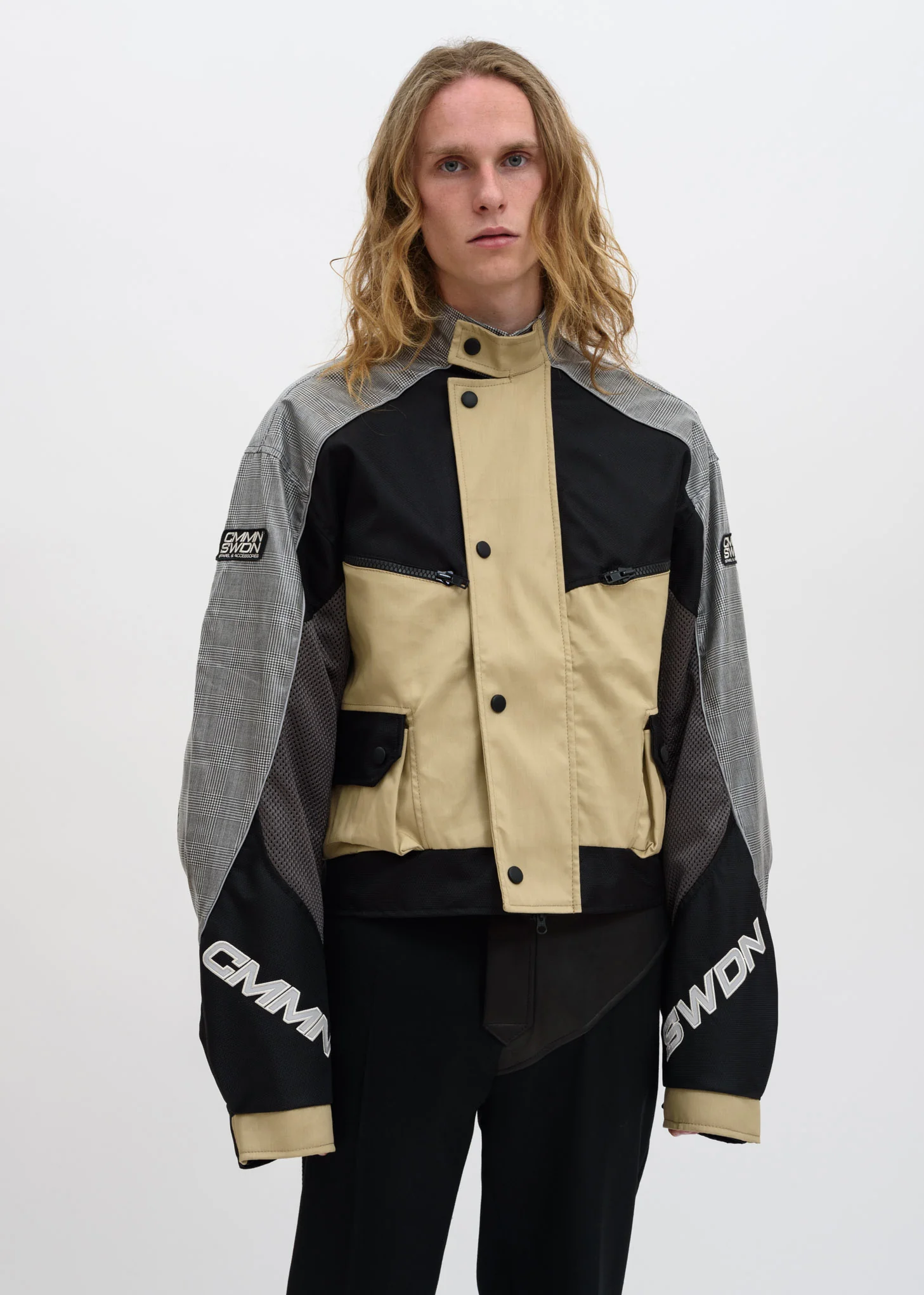 Beige Black Roman Cropped Technical Moto Jacket