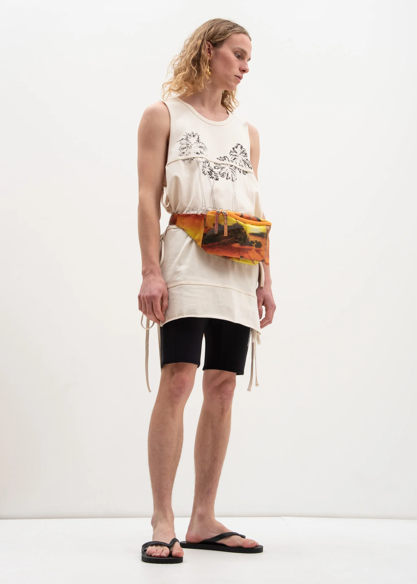 Beige Cut Off Sleeve Tie T-Shirt - Image 6