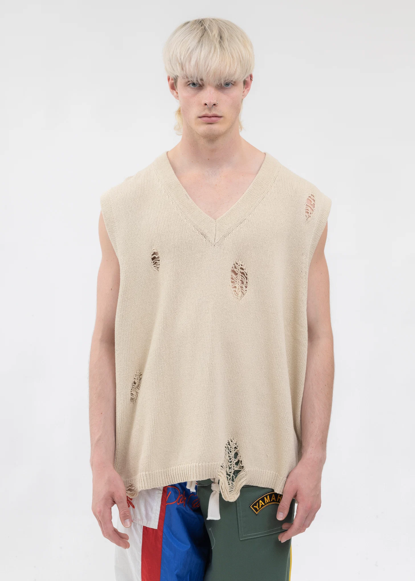 Beige DAMAGE COTTON V-NECK KNIT VEST