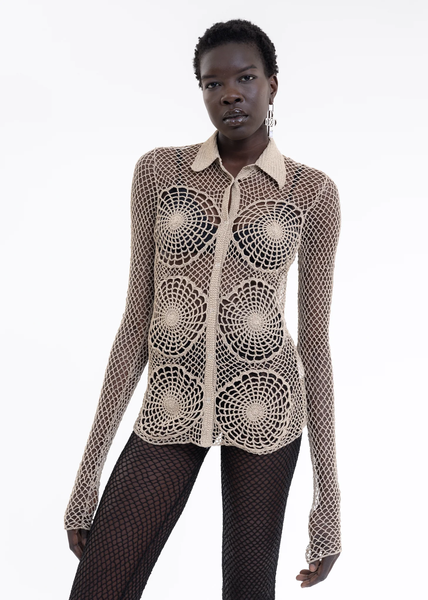 Beige Hand Hook Hollow Woven Shirt