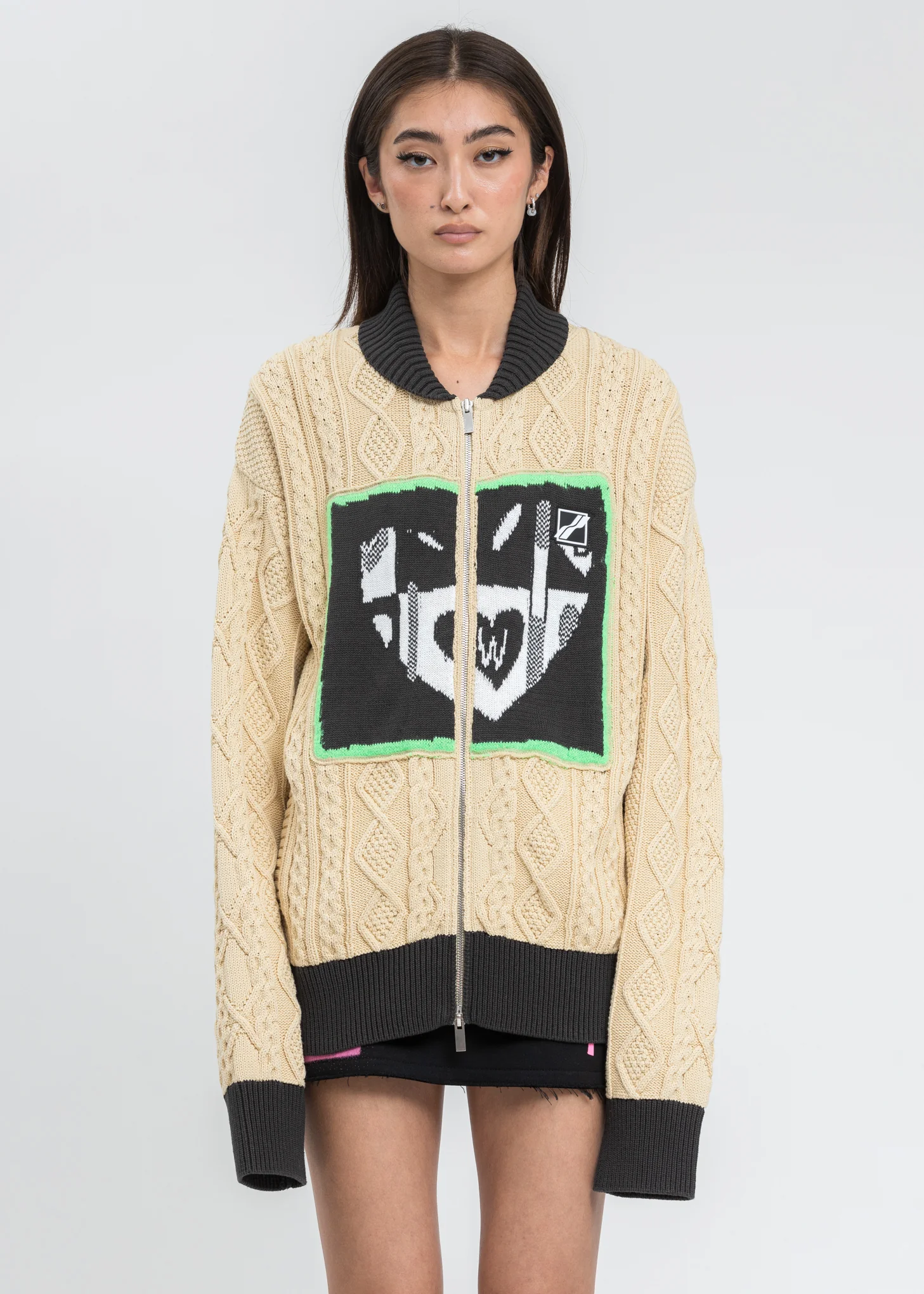 Beige 'HEART' Jacquard Patched Cable Knit Jacket