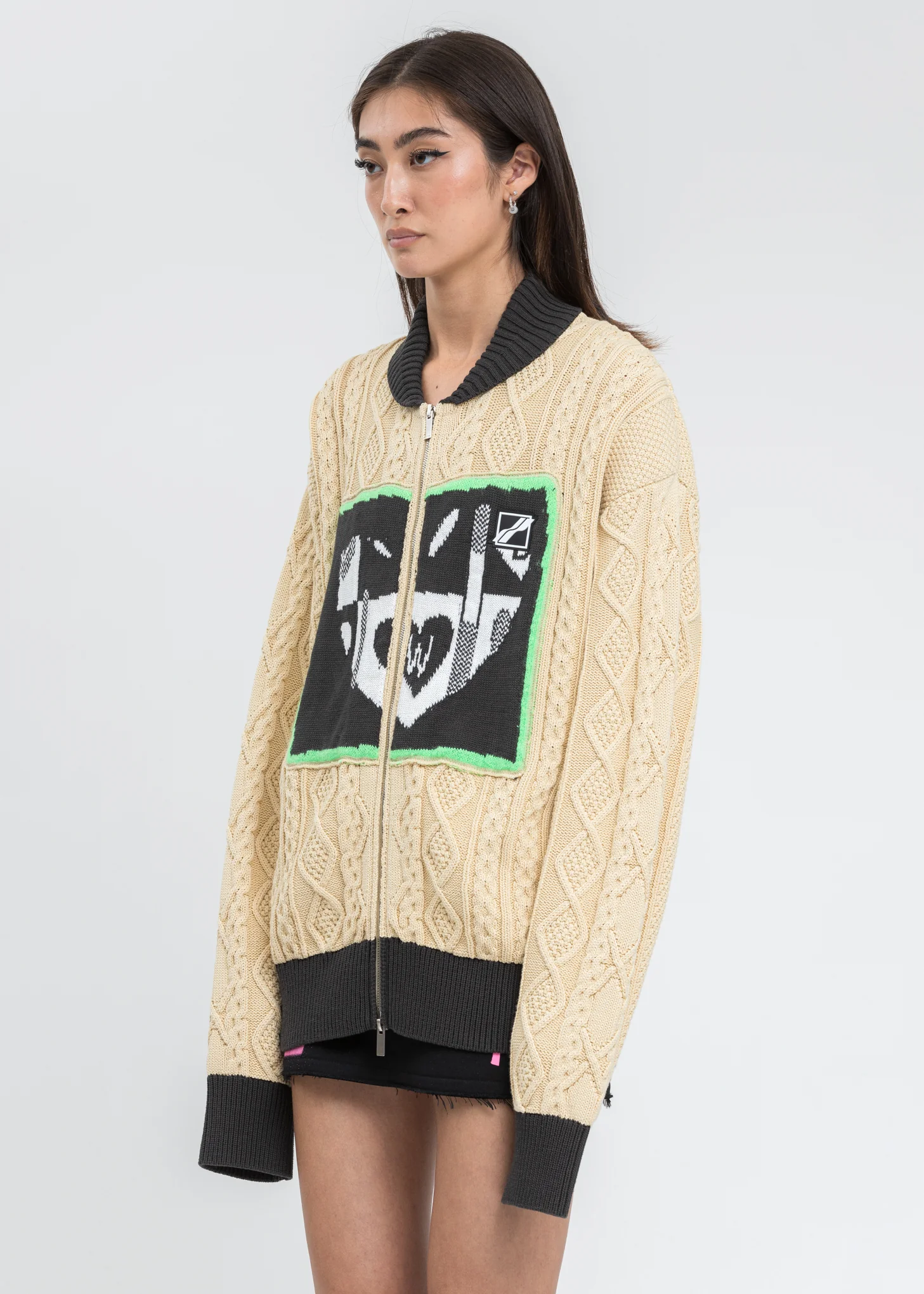 Beige 'HEART' Jacquard Patched Cable Knit Jacket - Image 3