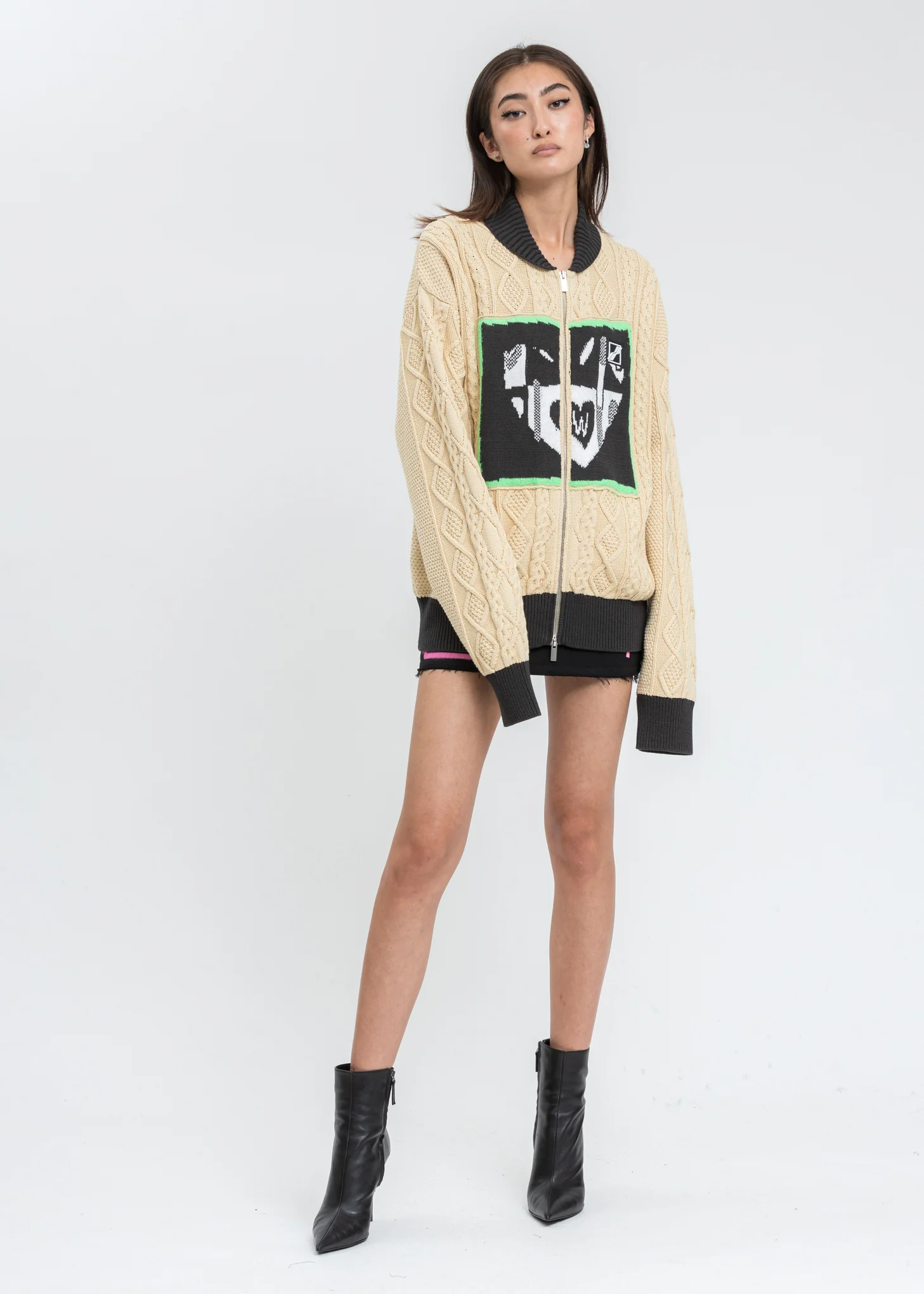 Beige 'HEART' Jacquard Patched Cable Knit Jacket - Image 5