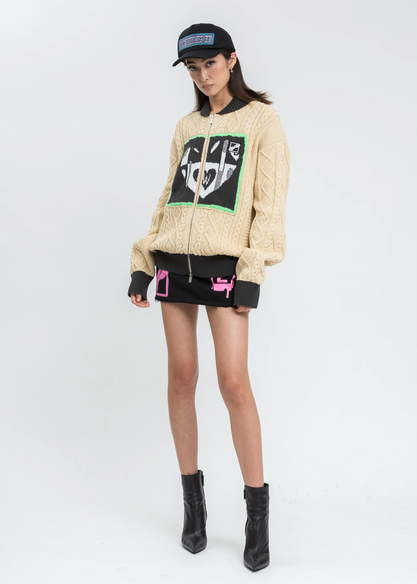 Beige 'HEART' Jacquard Patched Cable Knit Jacket - Image 6