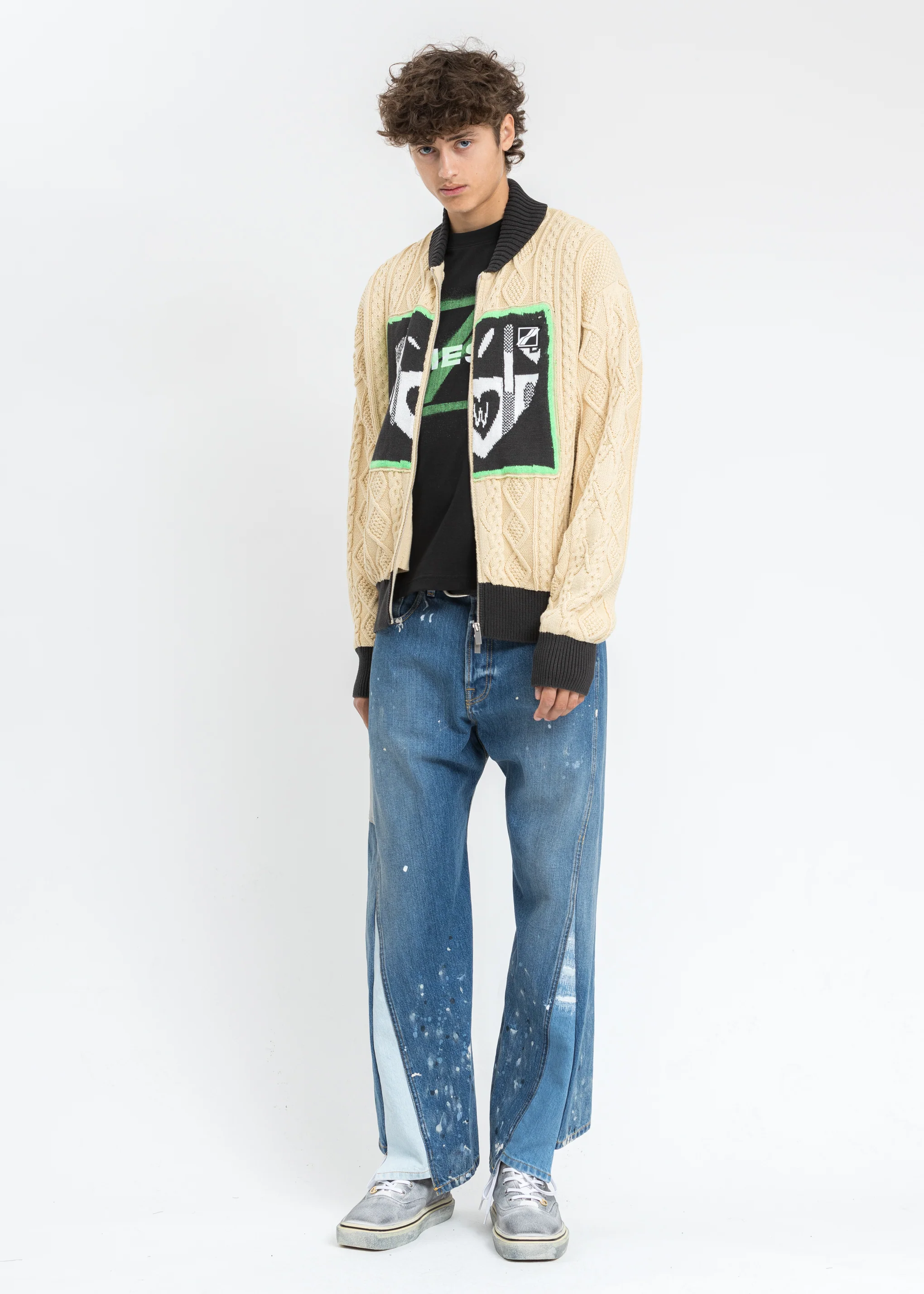 Beige 'HEART' Jacquard Patched Cable Knit Jacket - Image 4