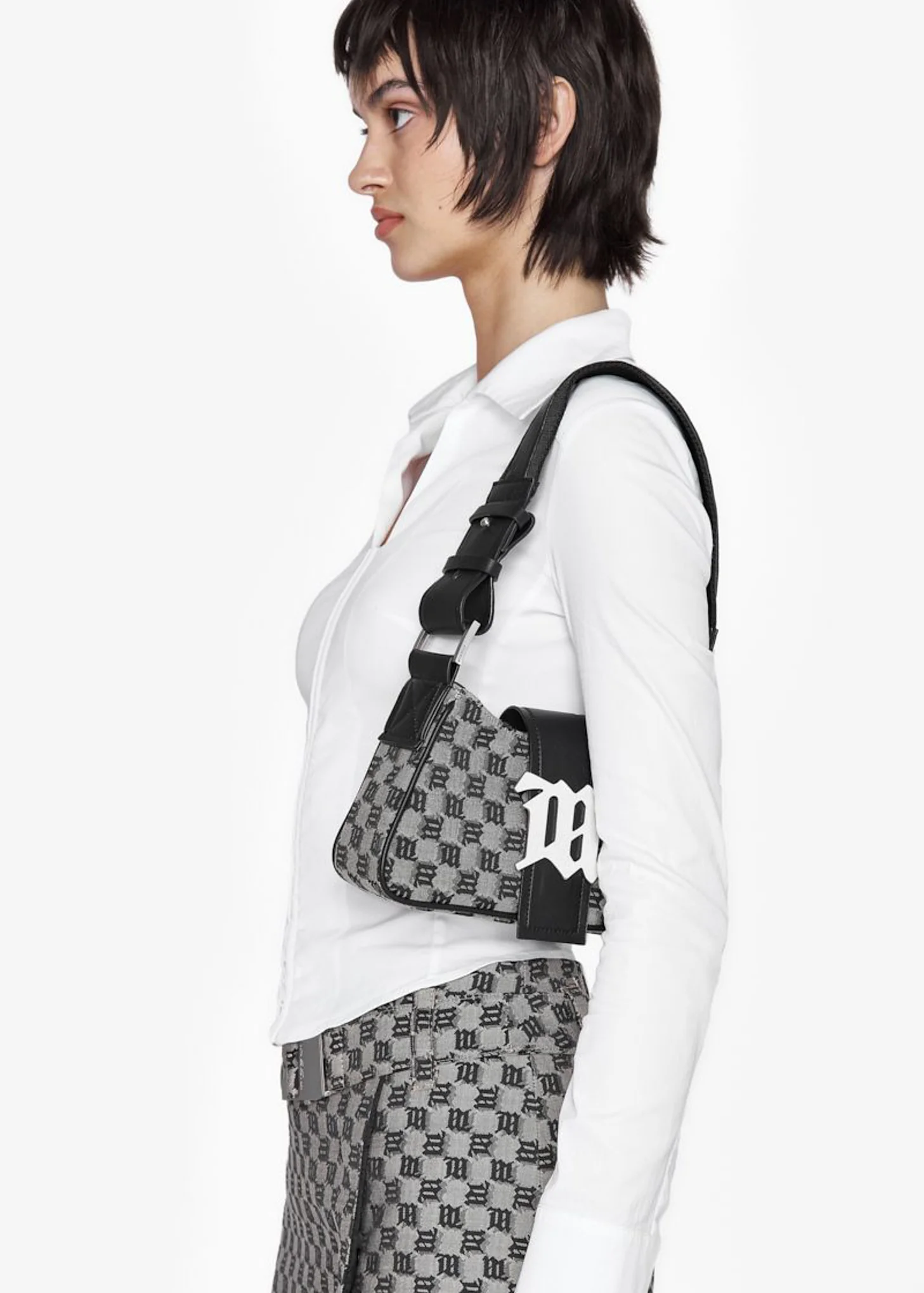 BEIGE JACQUARD MONOGRAM SHOULDER BAG SMALL - Image 4