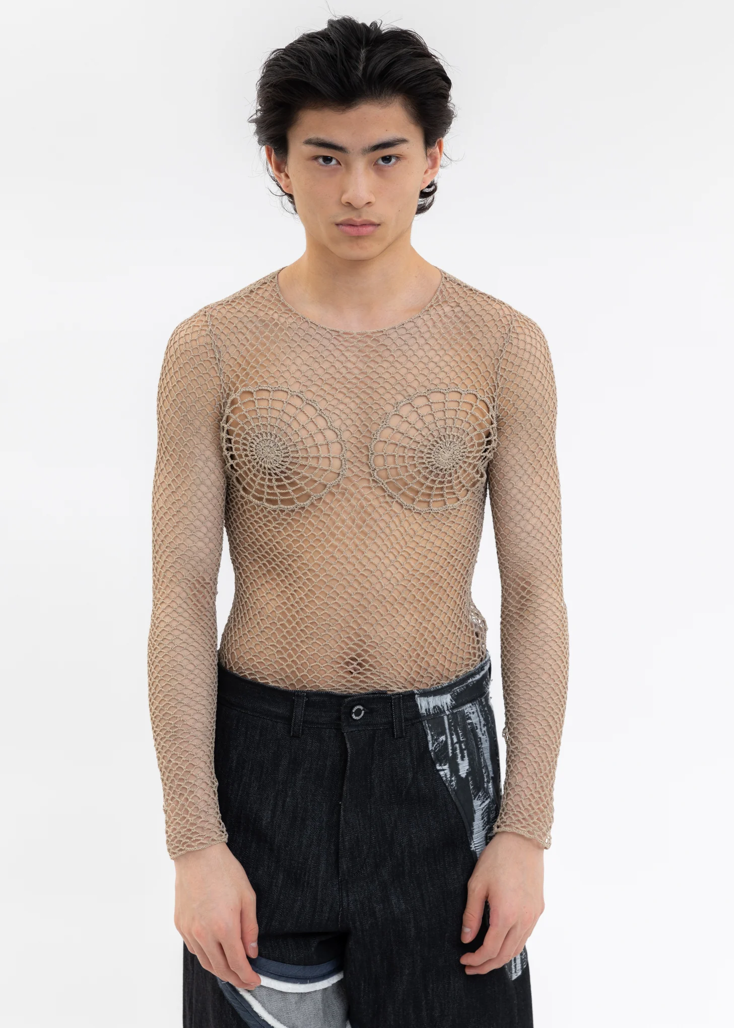 Beige Knitting Crochet Long Sleeve Top