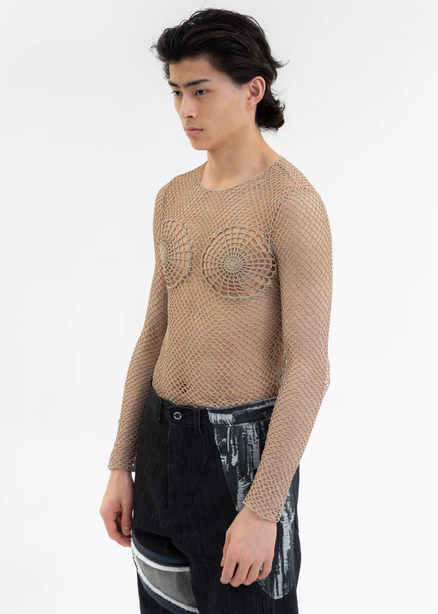 Beige Knitting Crochet Long Sleeve Top - Image 3