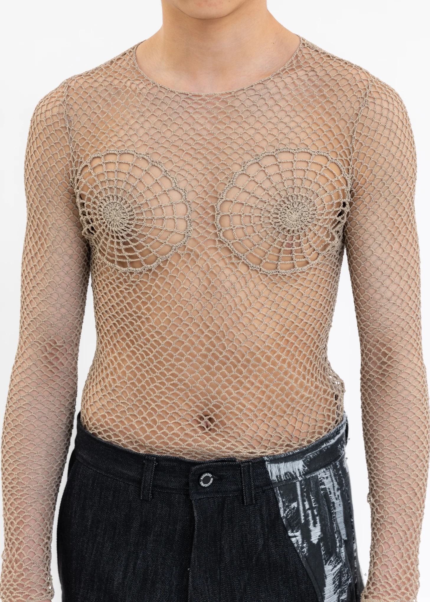 Beige Knitting Crochet Long Sleeve Top - Image 4