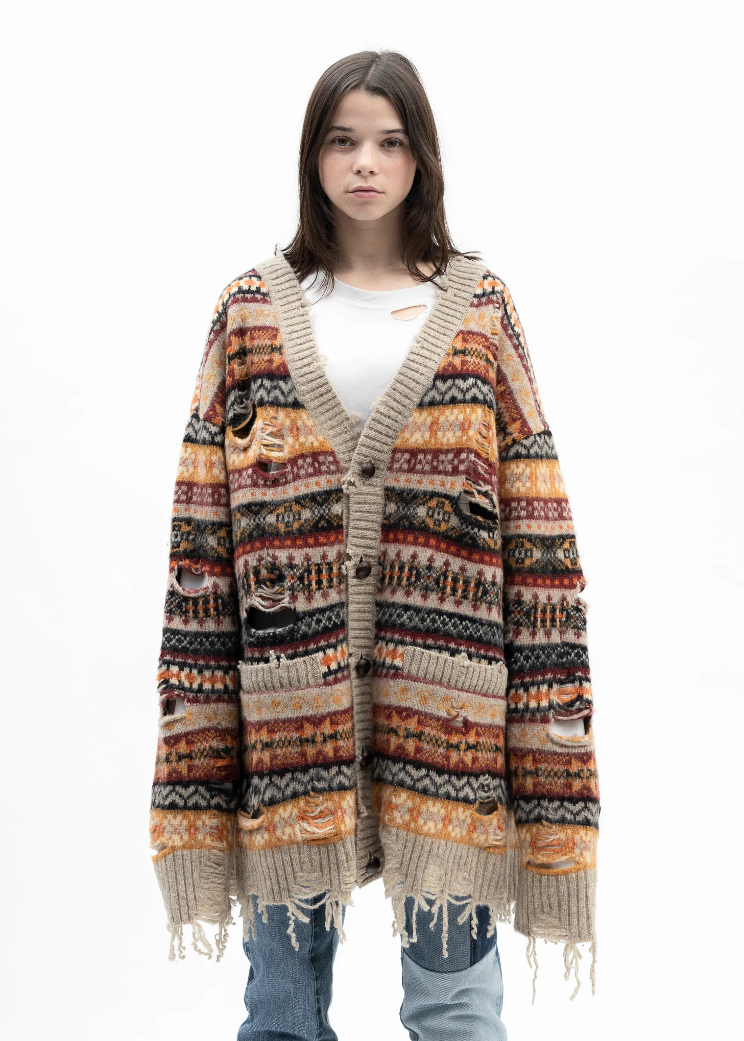 BEIGE OVERSIZED FAIR-ISLE CARDIGAN