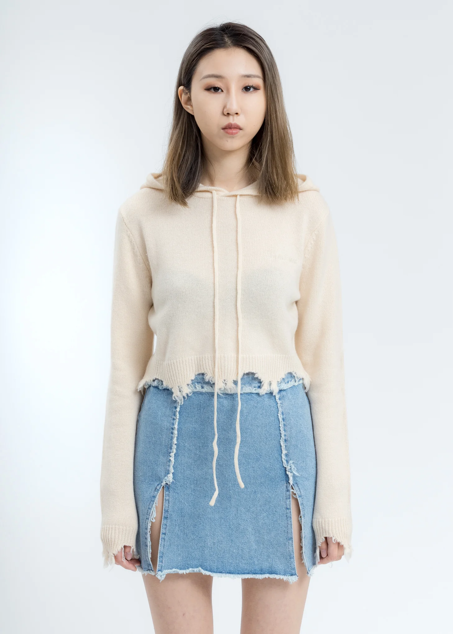 Beige Destroyed Cropped Hoodie