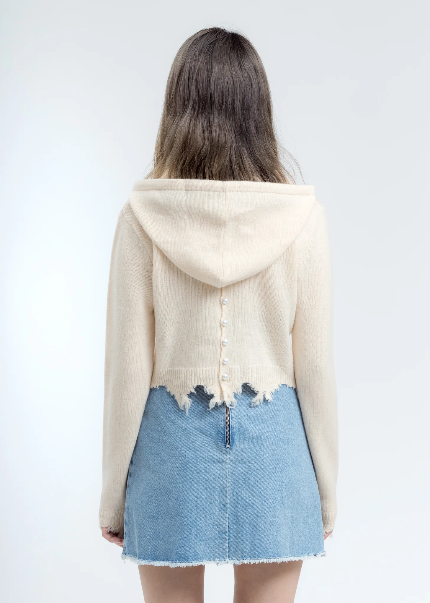 Beige Destroyed Cropped Hoodie - Image 2