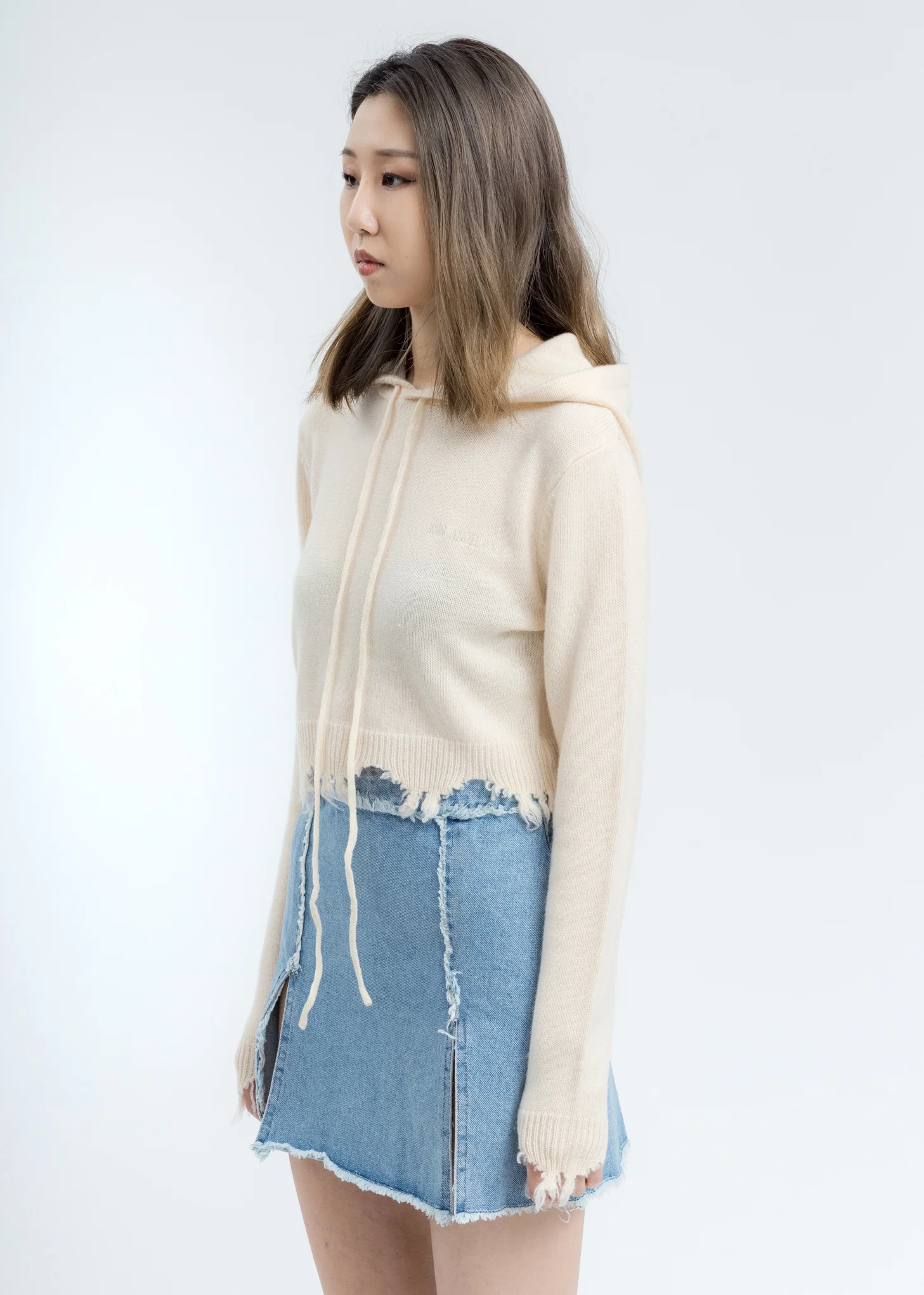 Beige Destroyed Cropped Hoodie - Image 3