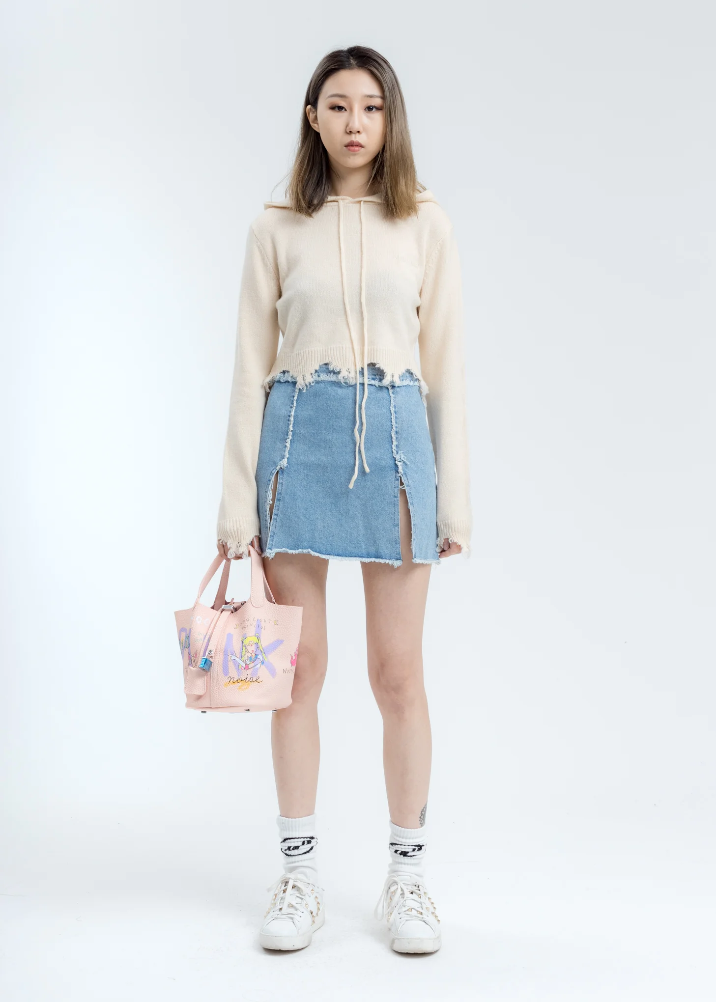 Beige Destroyed Cropped Hoodie - Image 6