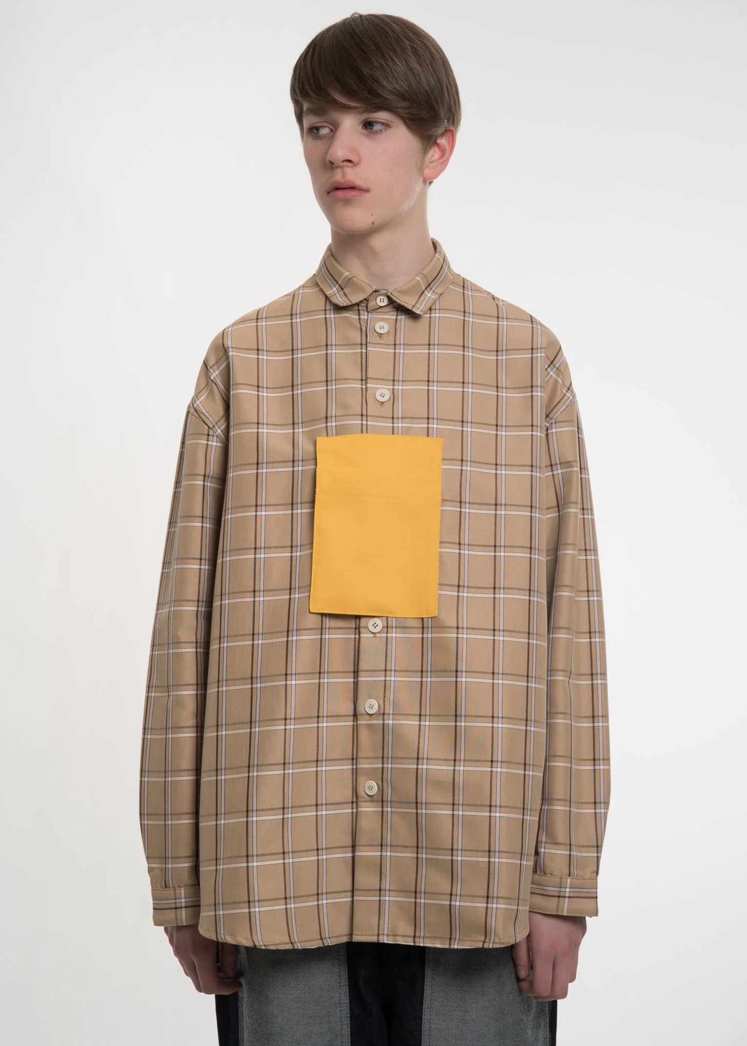 Beige Check Pocket Detail Shirt
