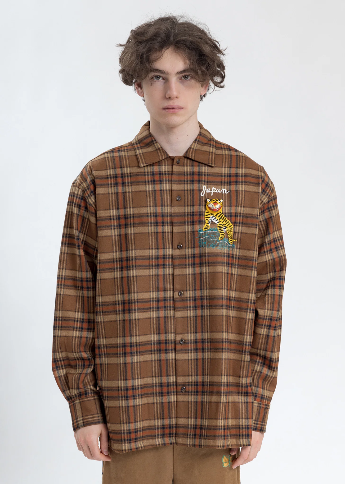 Beige Puppet Animal Embroidery Check Shirt
