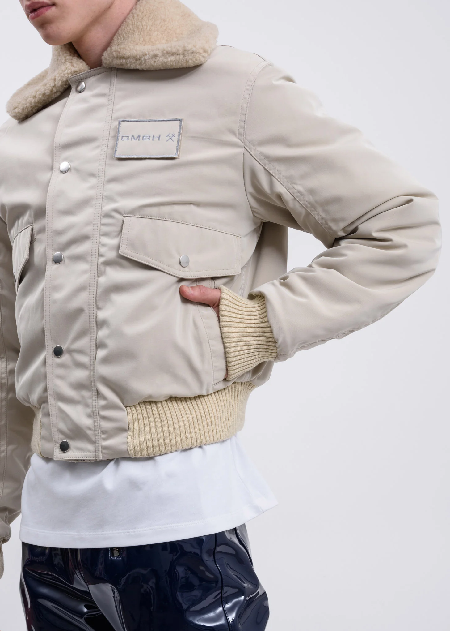Beige Satin Pilot Jacket w/ Wool Collar - Image 2