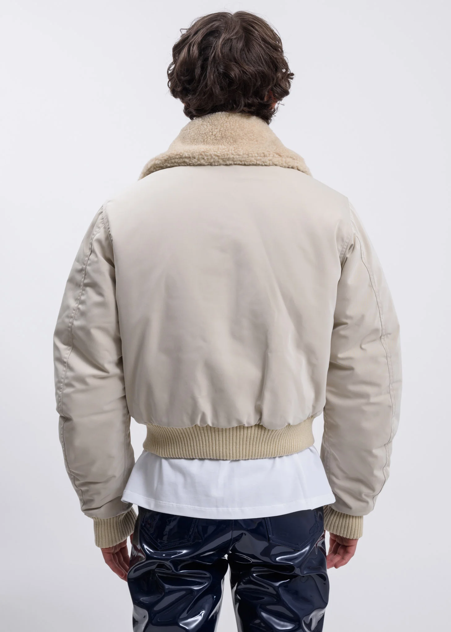 Beige Satin Pilot Jacket w/ Wool Collar - Image 3
