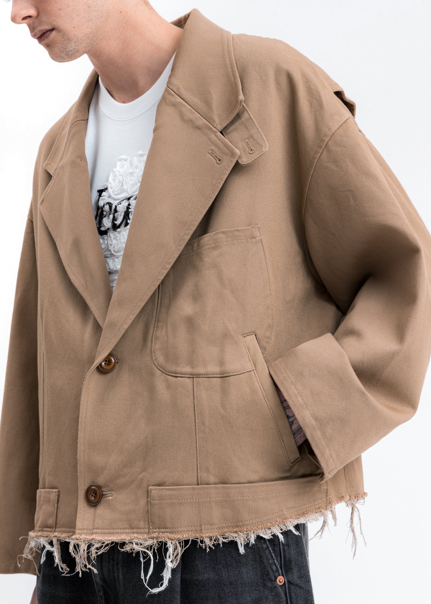 Beige Silk Chino Cut Off Jacket - Image 4