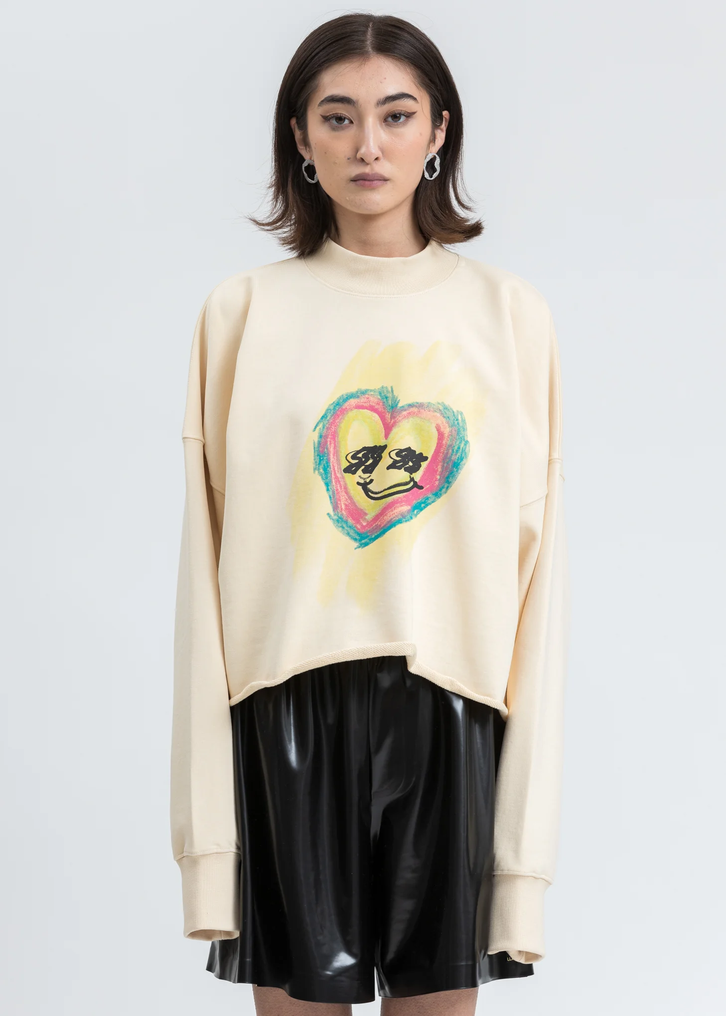 Beige Smiley Raw Edge Sweatshirt
