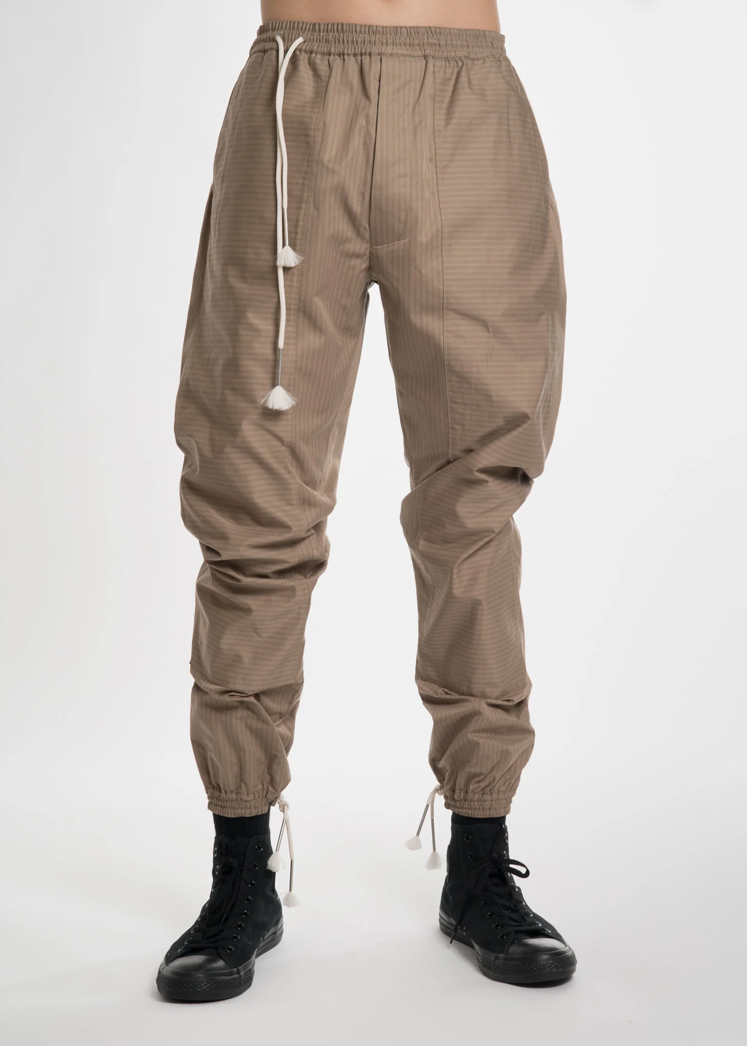 Beige Stripe Cotton Drawstring Pants
