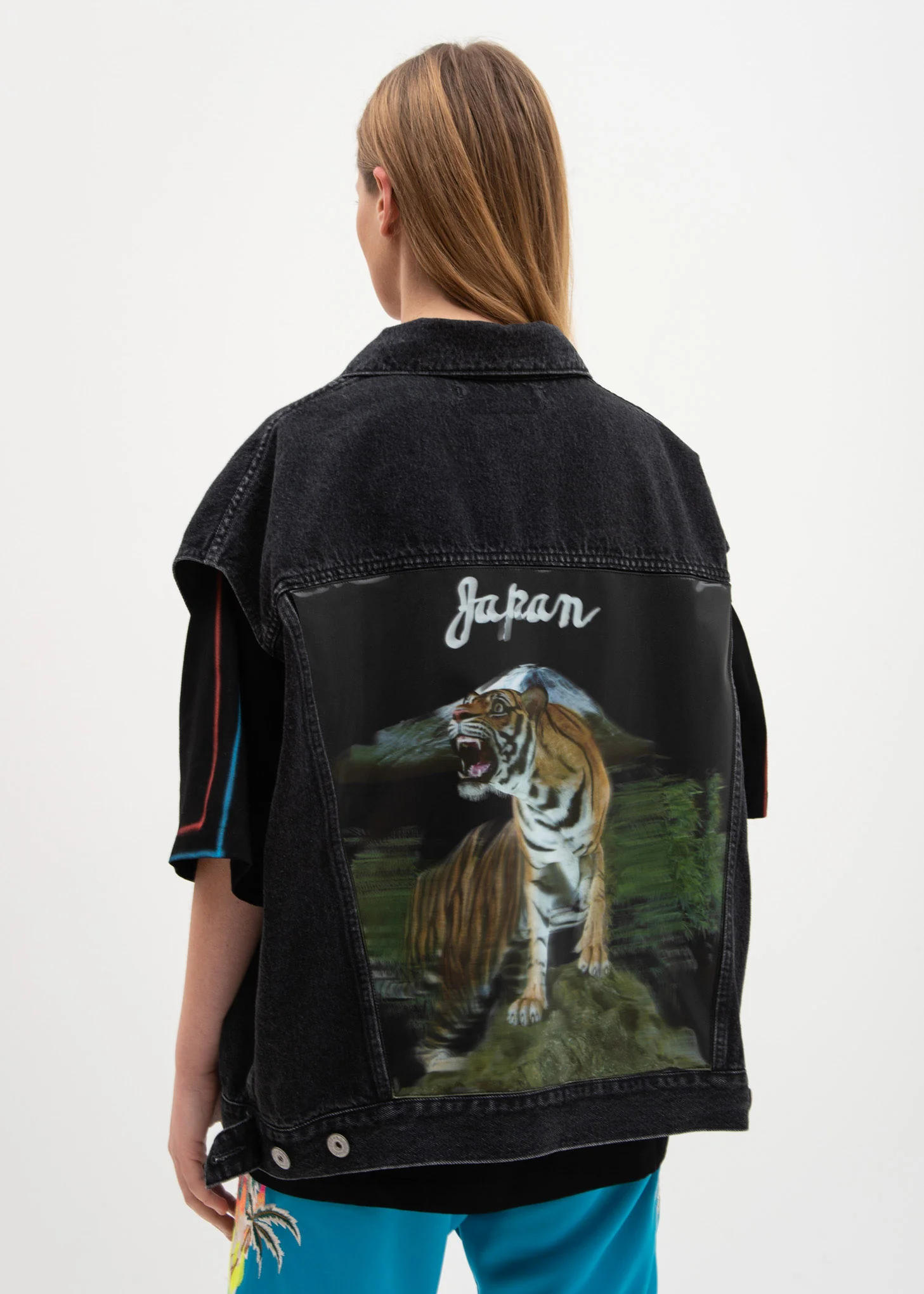 Black 3D Tiger Silk Denim Vest
