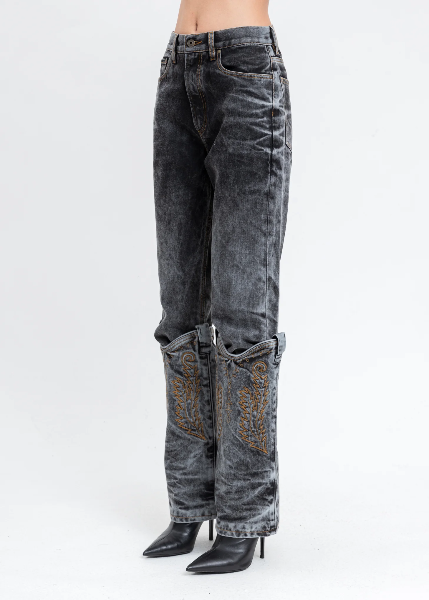 Black Acid Wash Cowboy Cuff Jeans - Image 2