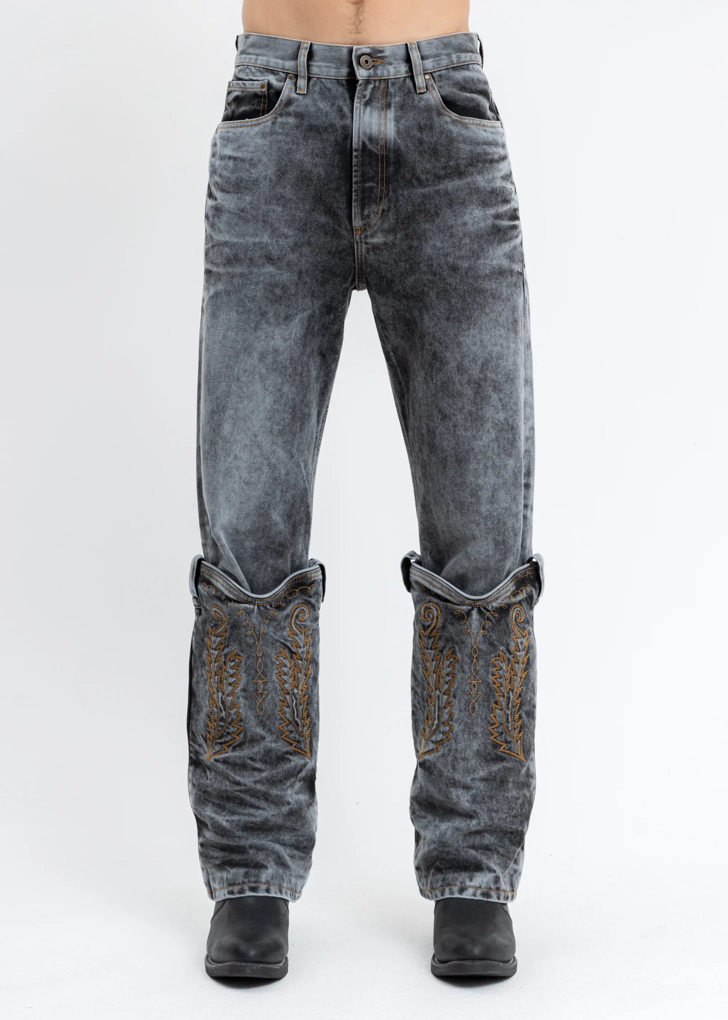 Black Acid Wash Cowboy Cuff Jeans