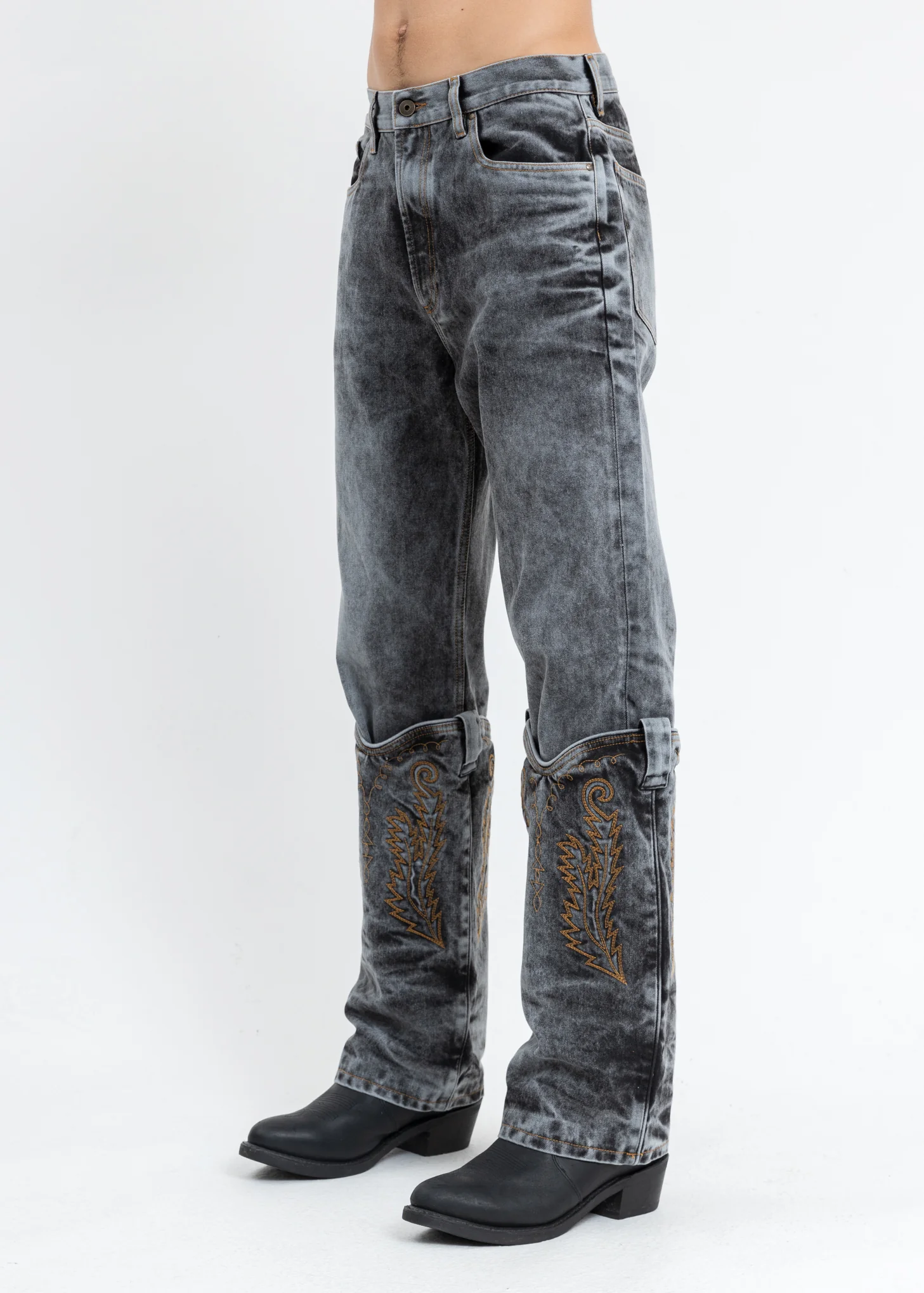 Black Acid Wash Cowboy Cuff Jeans - Image 2