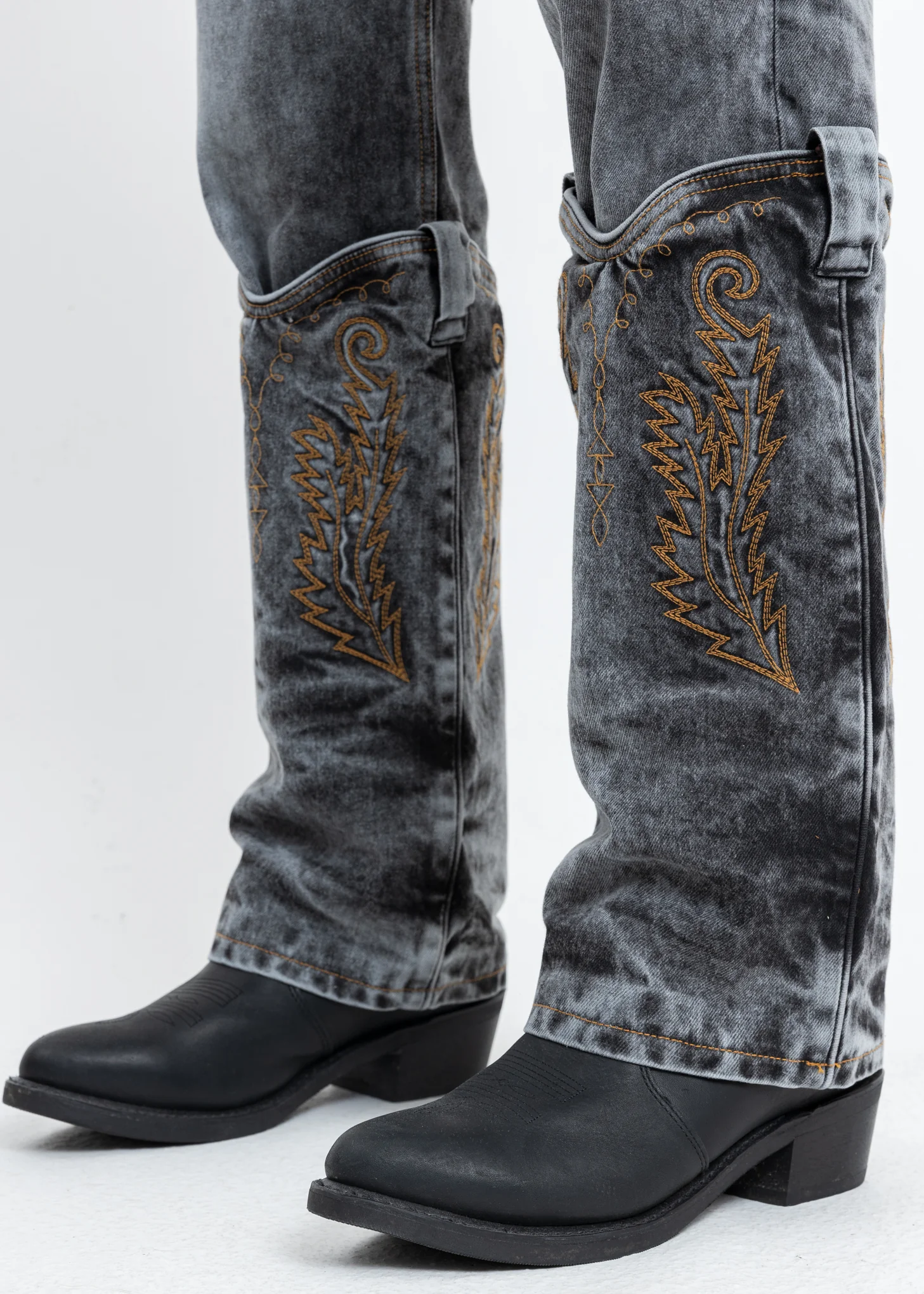Black Acid Wash Cowboy Cuff Jeans - Image 3
