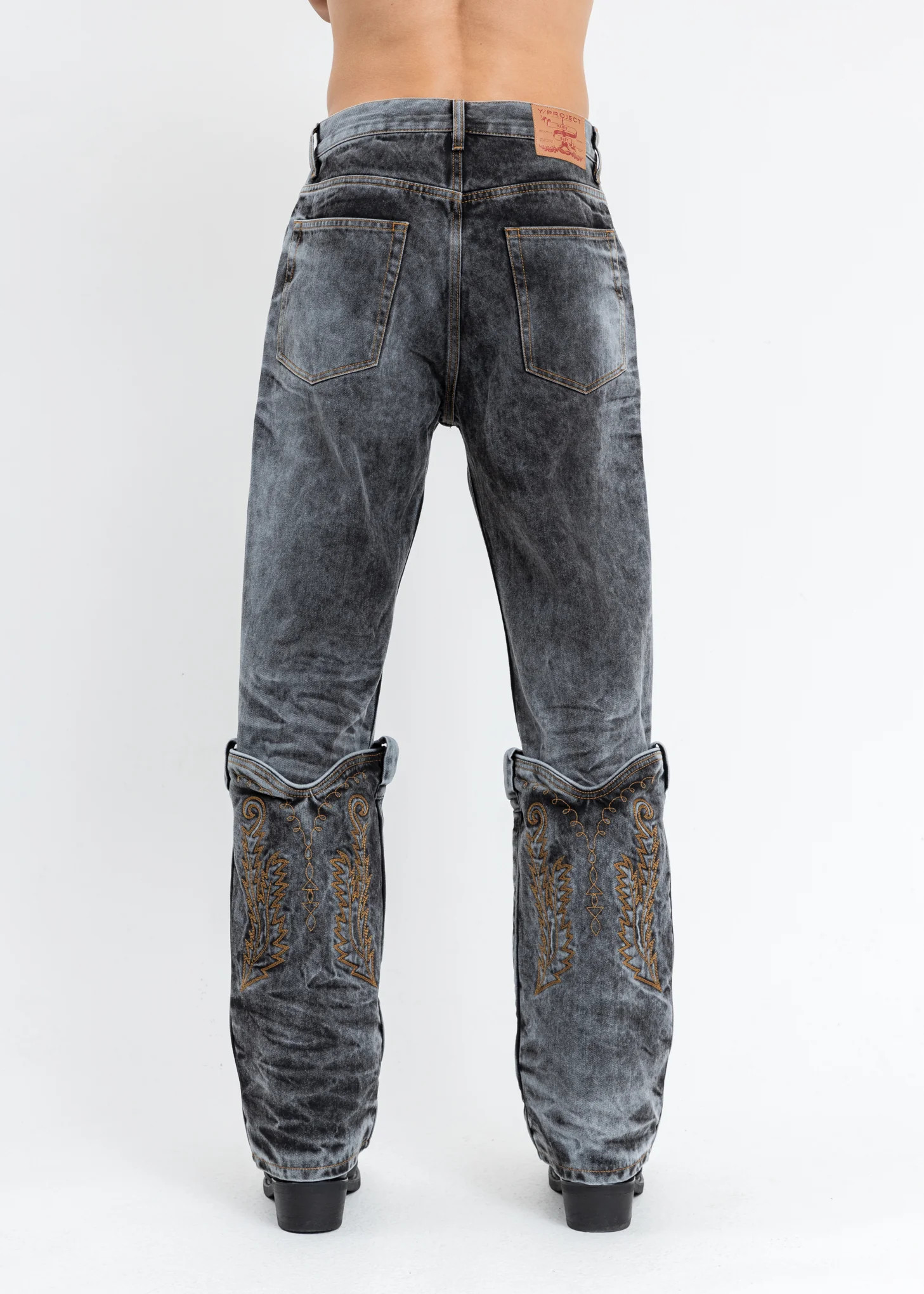Black Acid Wash Cowboy Cuff Jeans - Image 5