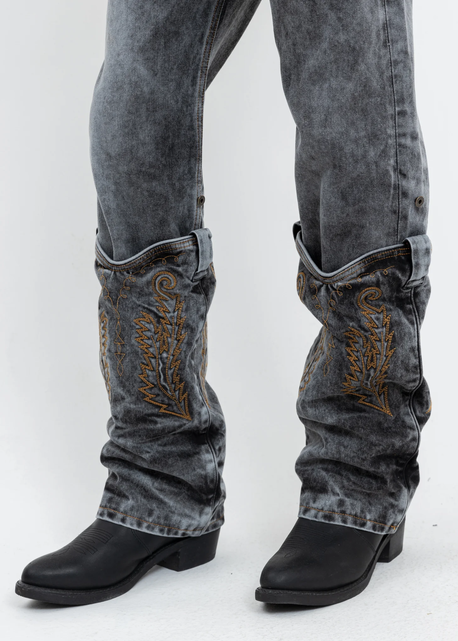 Black Acid Wash Cowboy Cuff Jeans - Image 9