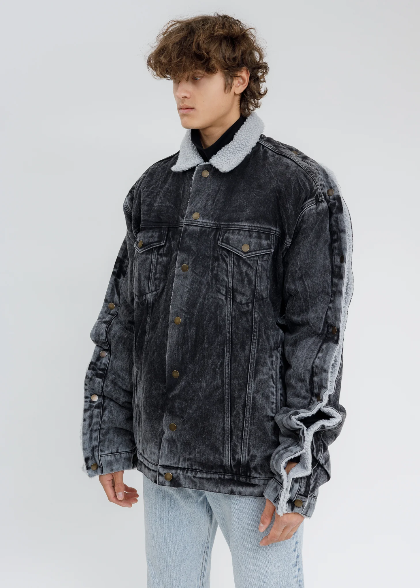 Black Acid Washed Snap Denim Jacket - Image 3