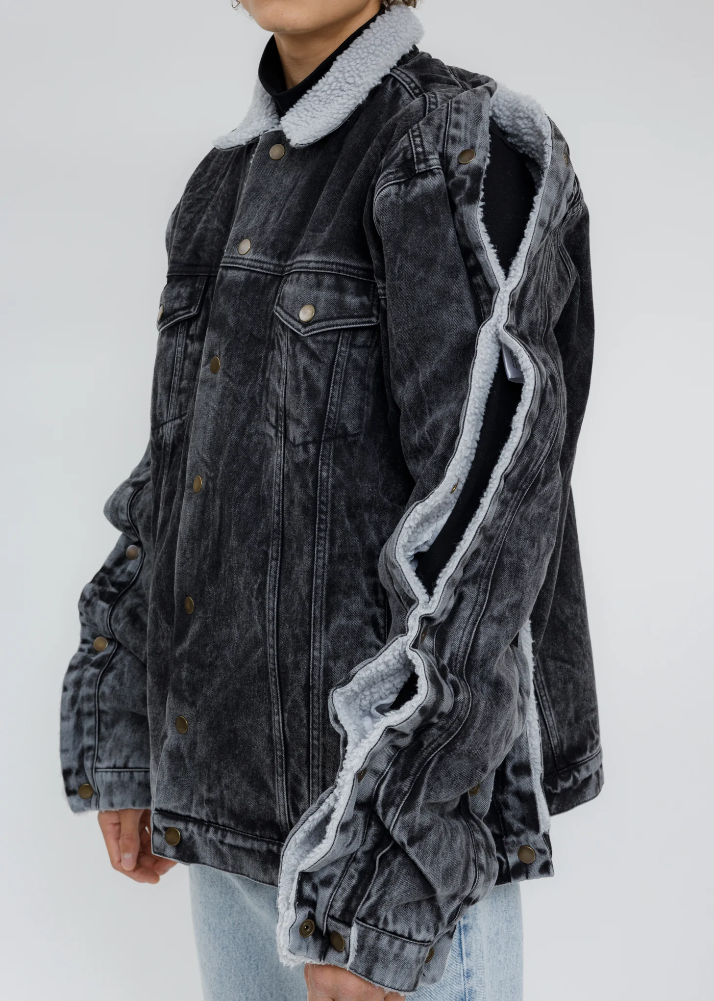 Black Acid Washed Snap Denim Jacket - Image 6