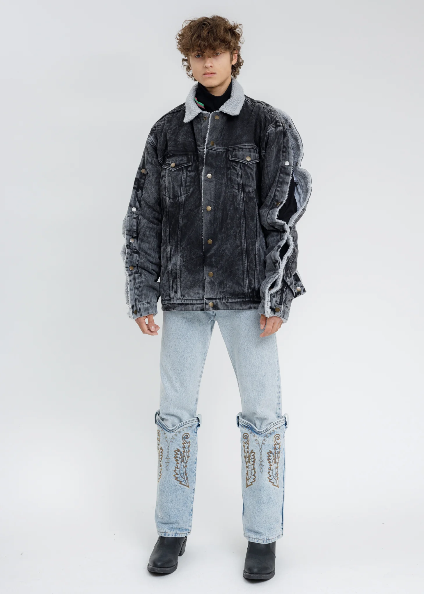 Black Acid Washed Snap Denim Jacket - Image 7