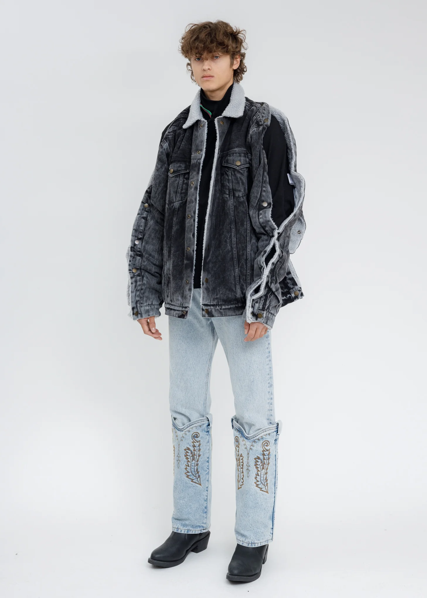 Black Acid Washed Snap Denim Jacket - Image 8
