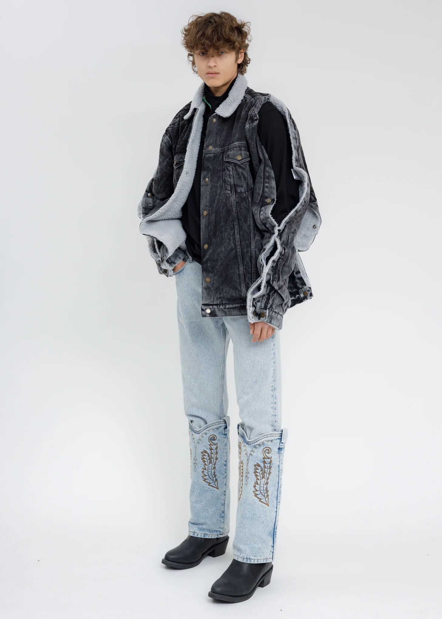 Black Acid Washed Snap Denim Jacket - Image 9