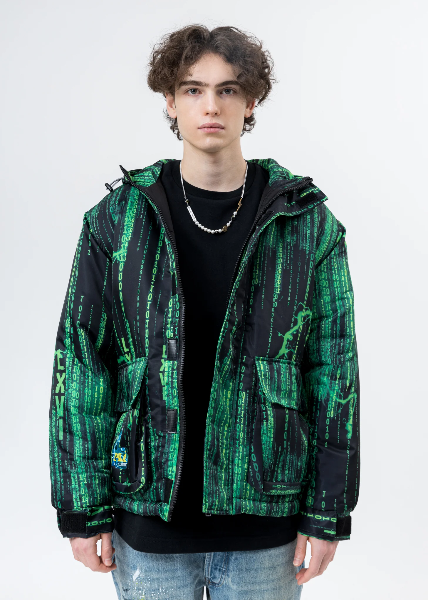Black And Green Screen Print Down Jacket - Image 5