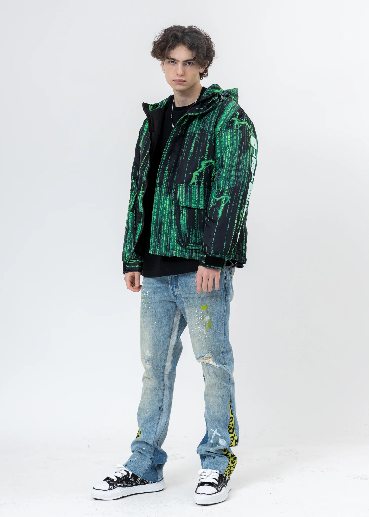 Black And Green Screen Print Down Jacket - Image 6