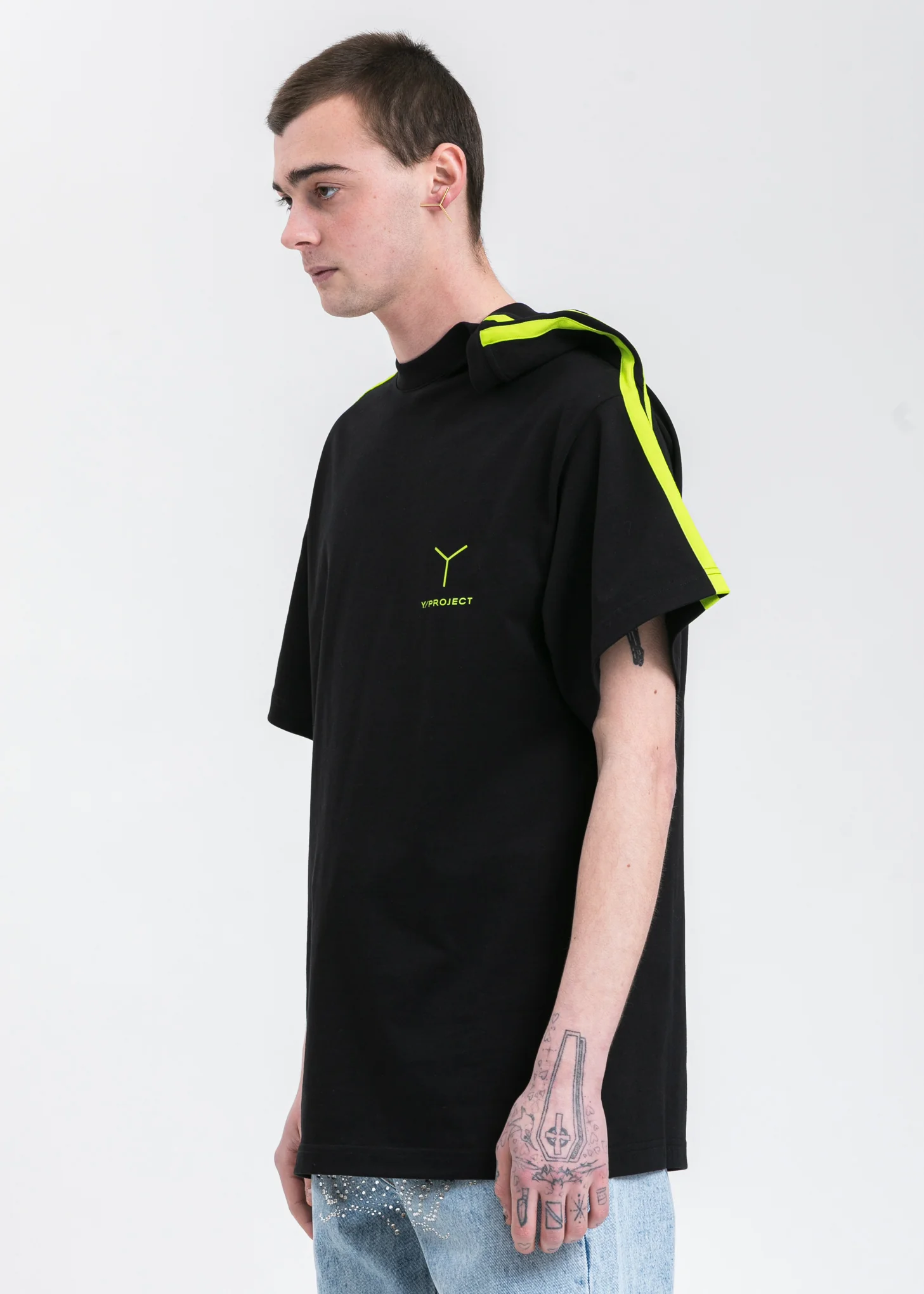 Black And Green Y Logo Clipped Shoulder T-Shirt - Image 3