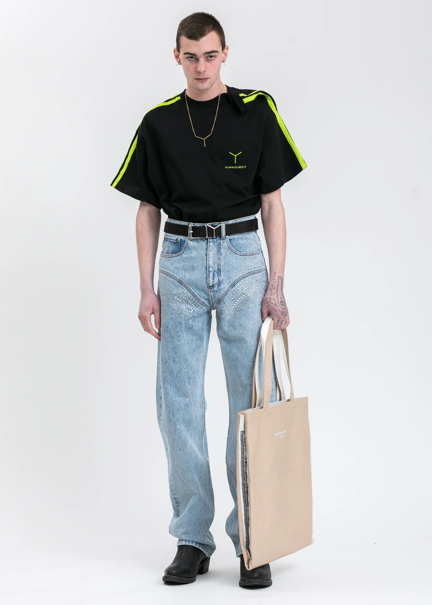 Black And Green Y Logo Clipped Shoulder T-Shirt - Image 5