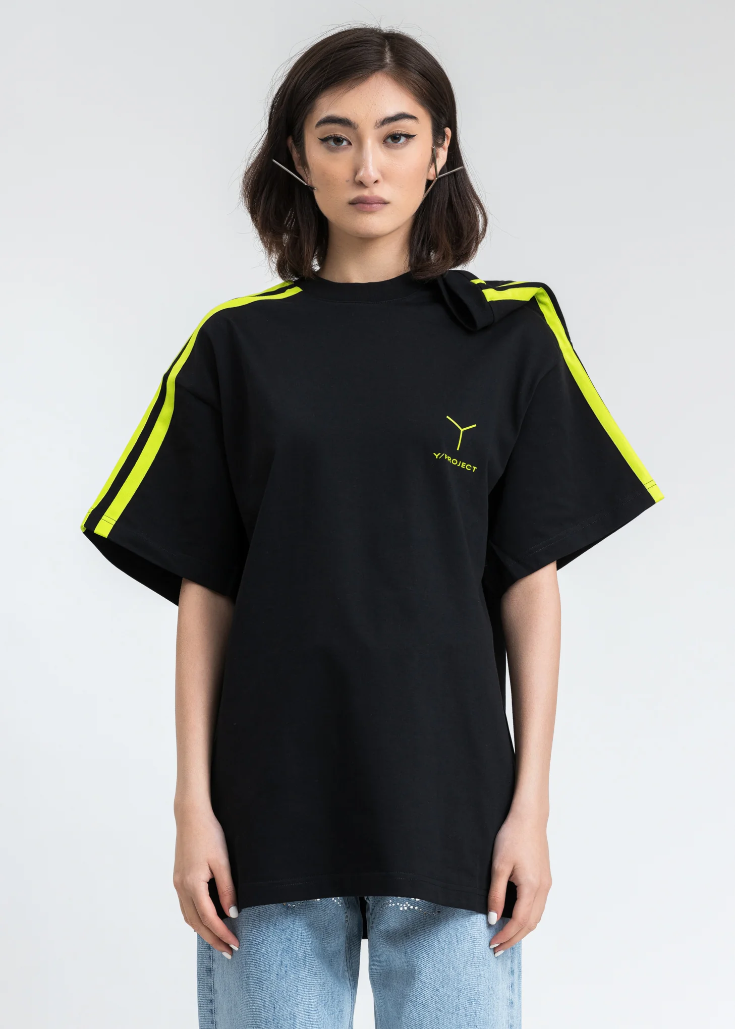 Black And Green Y Logo Clipped Shoulder T-Shirt