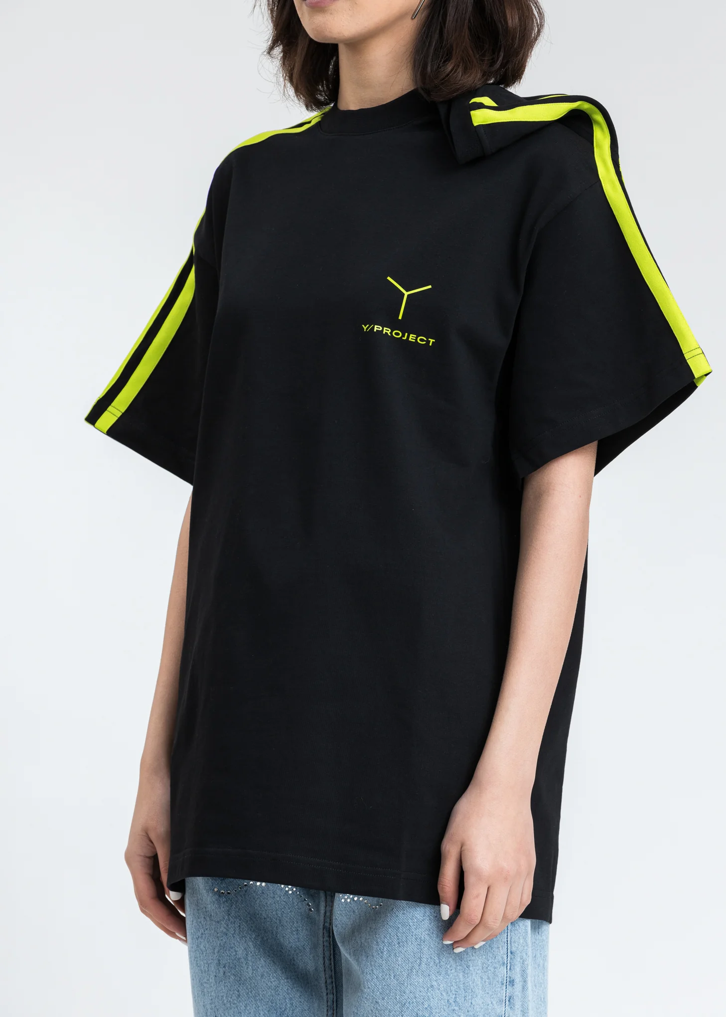 Black And Green Y Logo Clipped Shoulder T-Shirt - Image 2