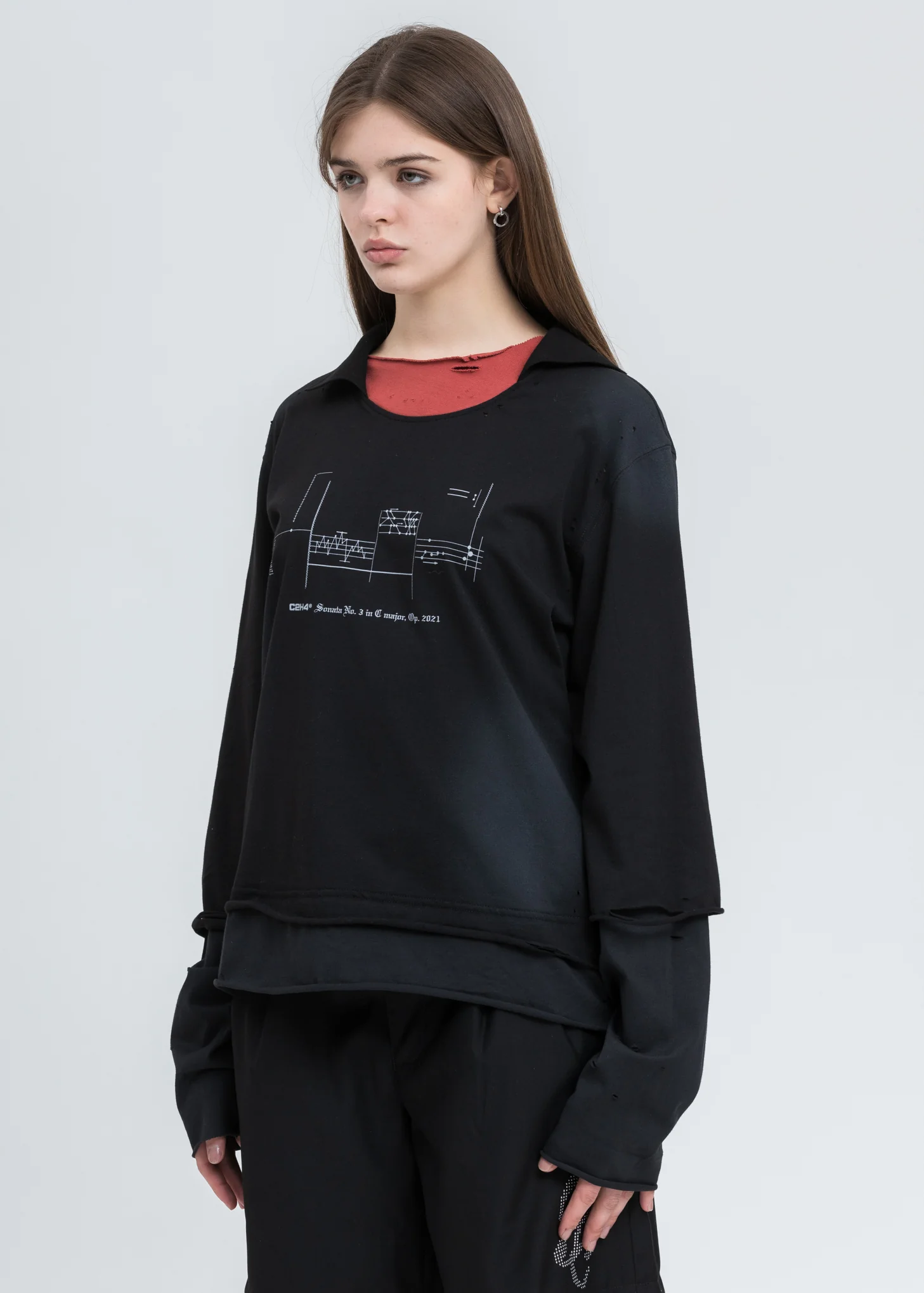 Black And Grey Panelled Distressed Double Layer Long Sleeve - Image 2